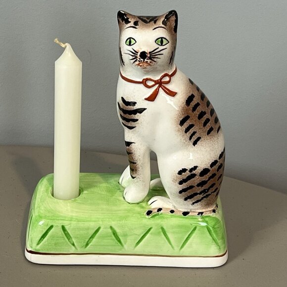 Vintage The Haldon Group Striped Cat Porcelain Candle Holder Japan - Picture 1 of 16